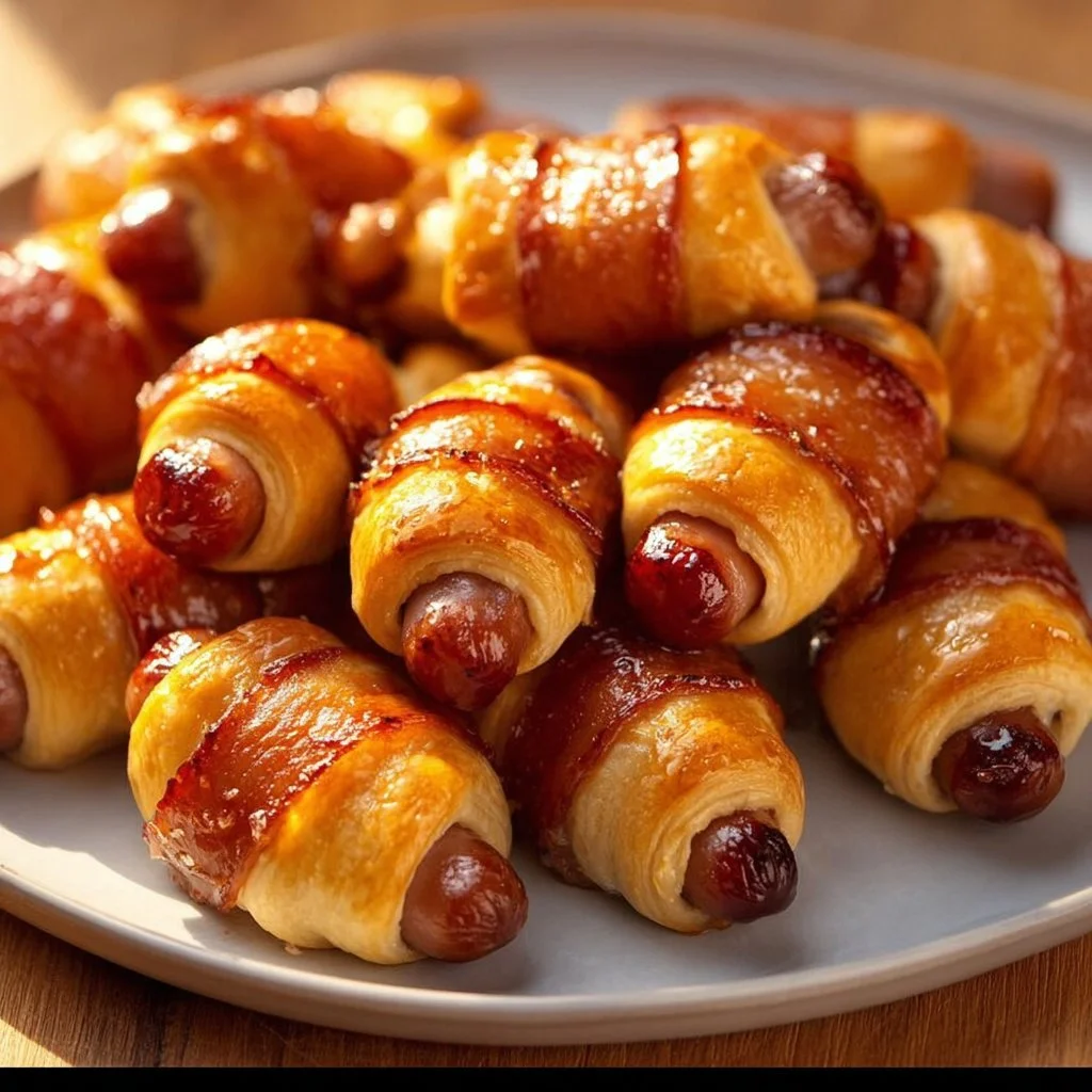 Glazed pigs in a blanket served on a platter