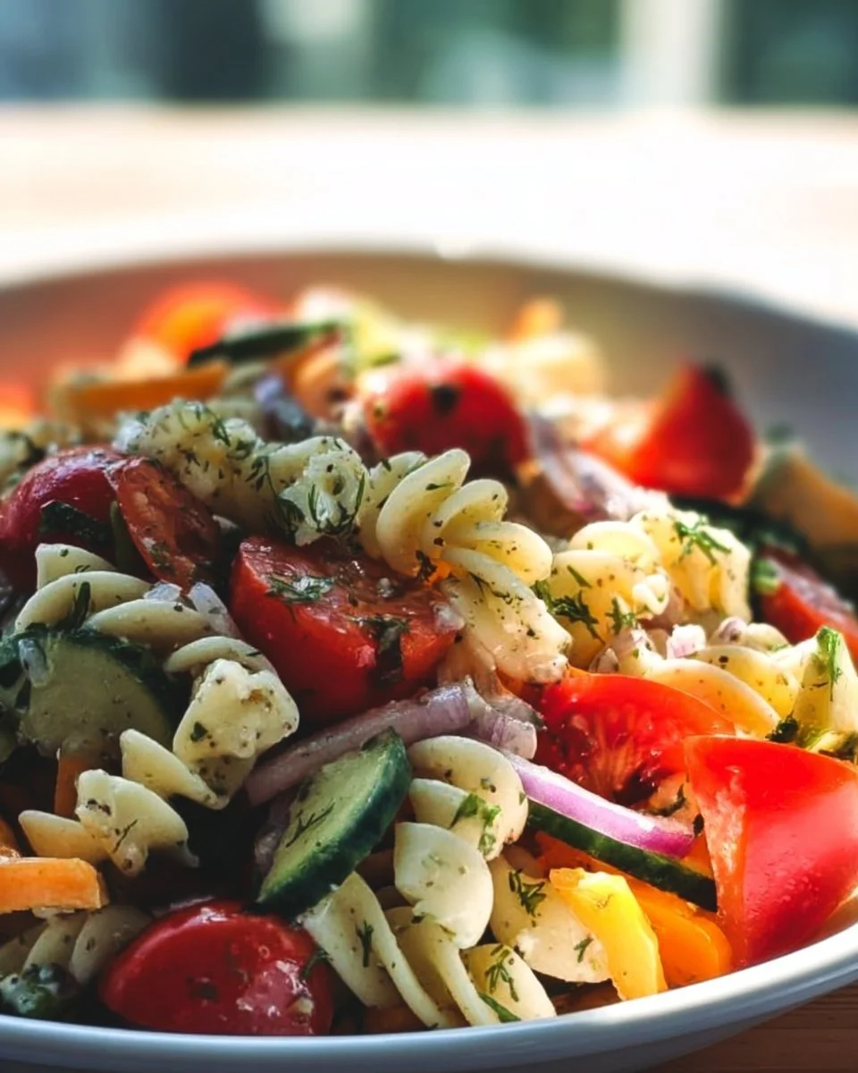 Gluten-free cold Italian pasta salad with fresh vegetables and herbs.