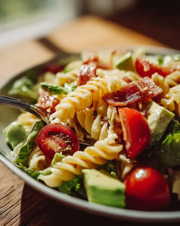 A vibrant bowl of Gluten-Free Dairy-Free BLT Pasta Salad with fresh ingredients.