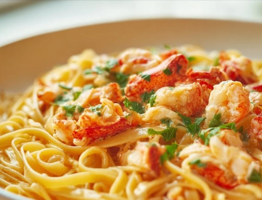 Delicious plate of Gordon Ramsay's lobster pasta with fresh ingredients and garnishes