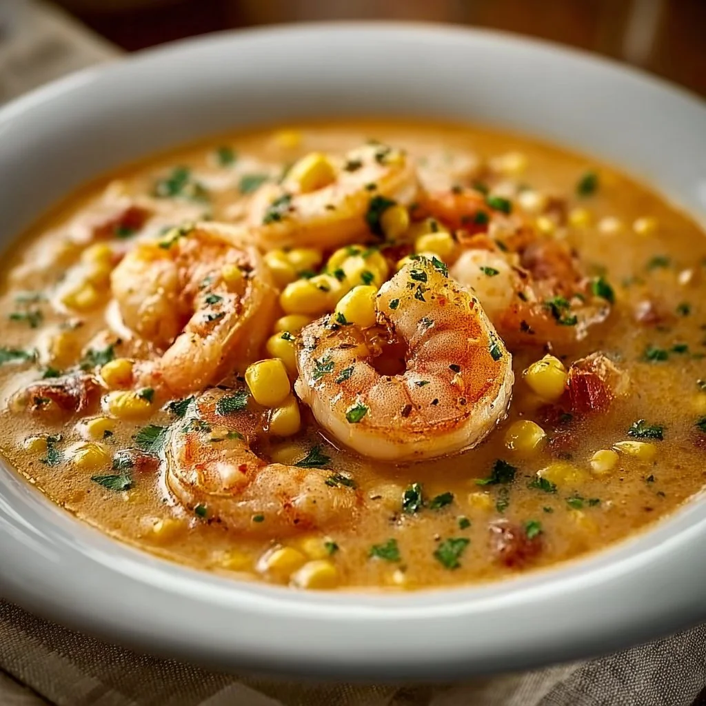 Gourmet New Orleans shrimp and corn bisque in a bowl garnished with herbs.