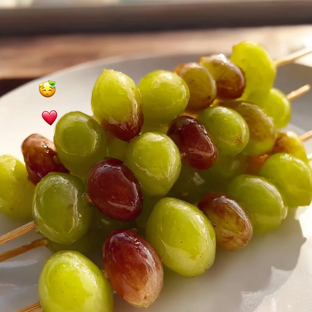 Colorful grape skewers with fresh fruit on a platter