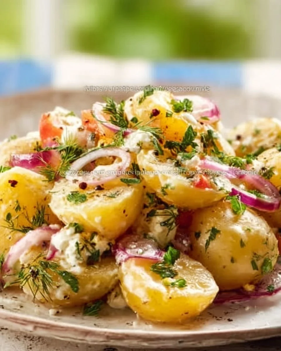 Delicious Greek Potato Salad with olives, feta cheese, and fresh herbs.