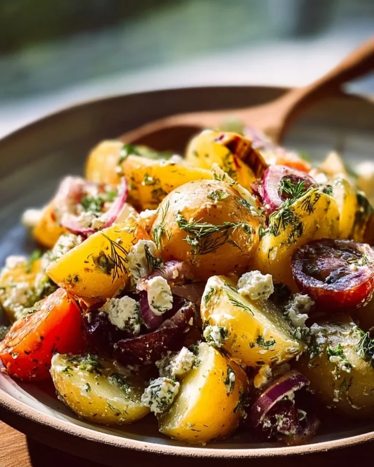 A vibrant bowl of Greek Potato Salad with herbs, olives, and feta cheese.