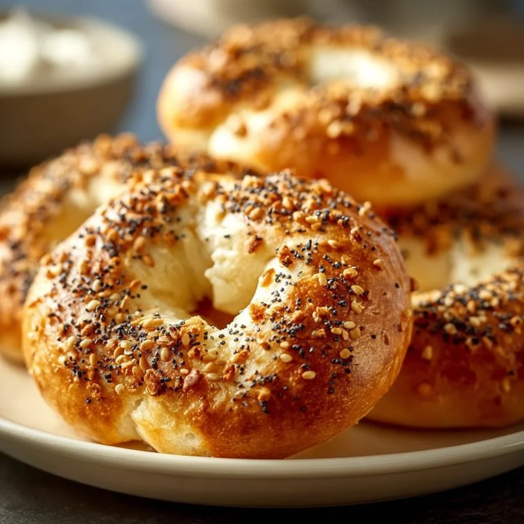 Homemade Greek yogurt bagels freshly baked on a cooling rack.