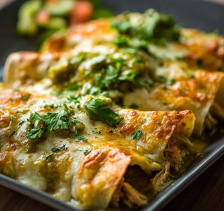 Delicious Green Chicken Enchiladas topped with green sauce and fresh cilantro