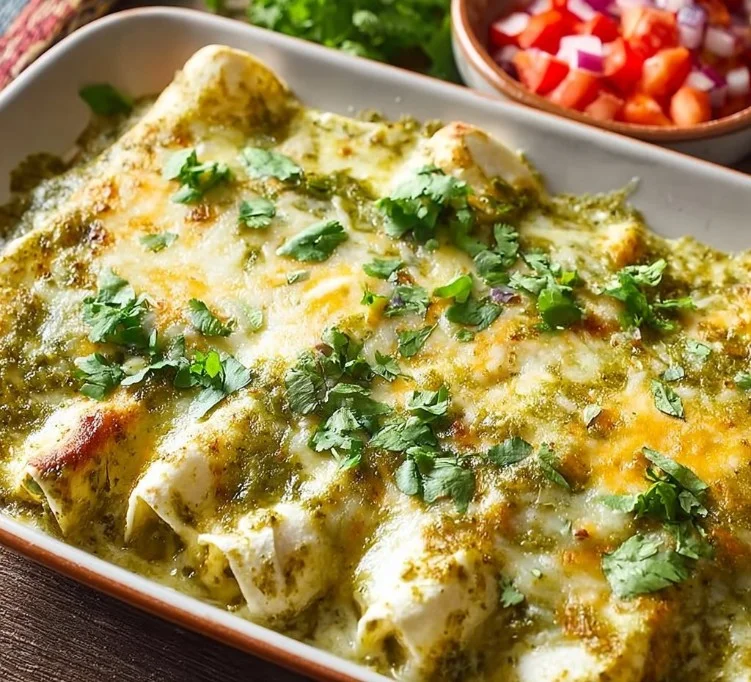 Delicious green enchiladas with chicken served on a plate