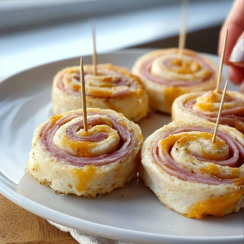 Delicious ham and cheese pinwheels served on a platter.