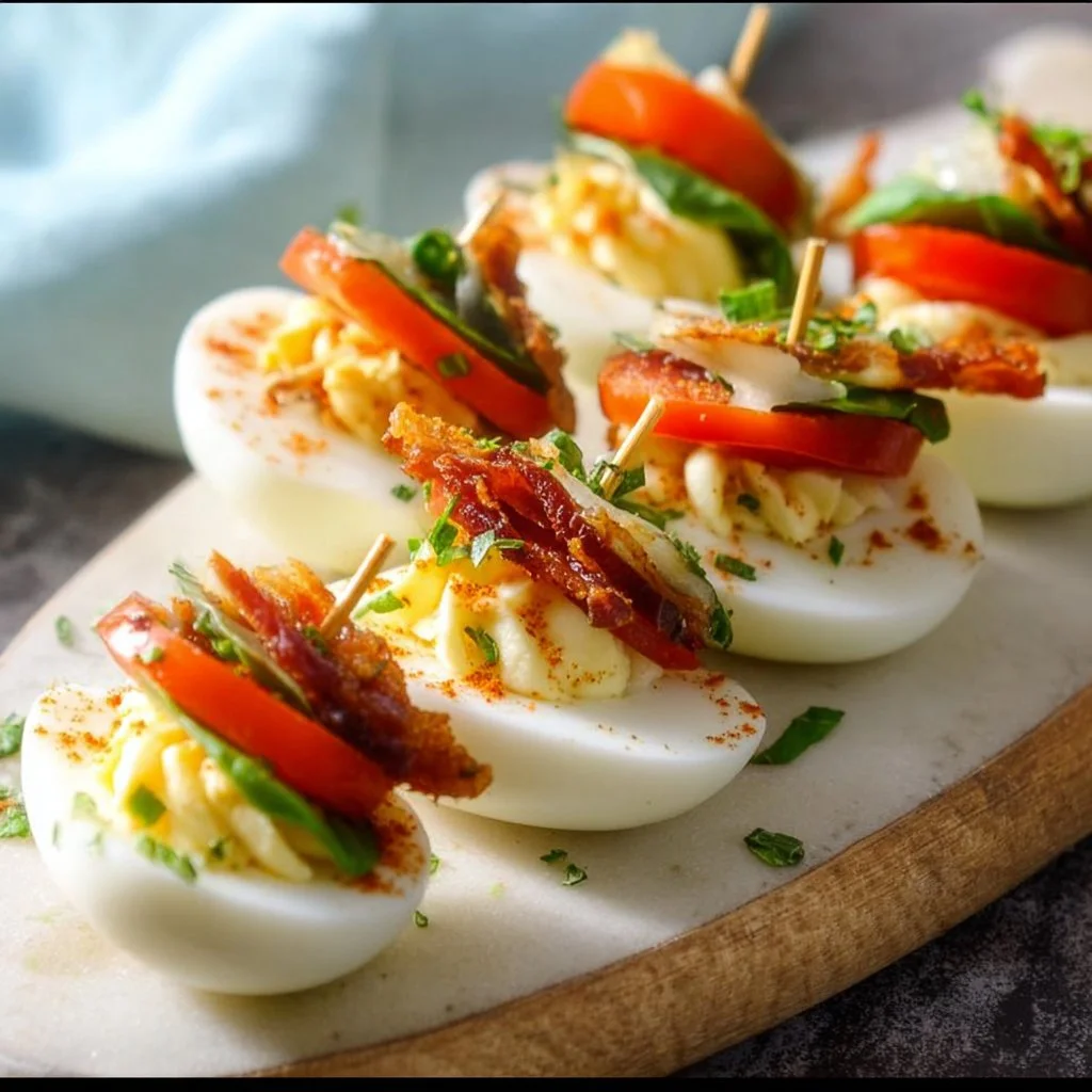 Hard Boiled Egg BLT Bites served on a platter with fresh ingredients.