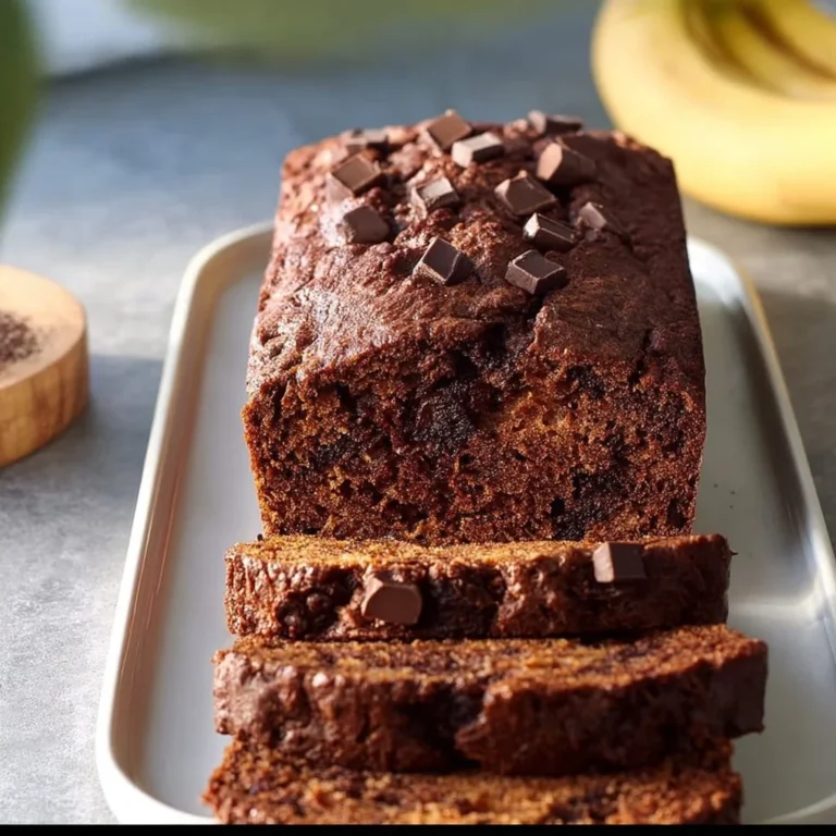 Healthy chocolate banana bread loaf with ripe bananas and dark chocolate.