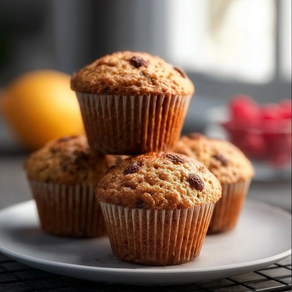 Assorted homemade healthy muffins with fruits and nuts on a wooden table