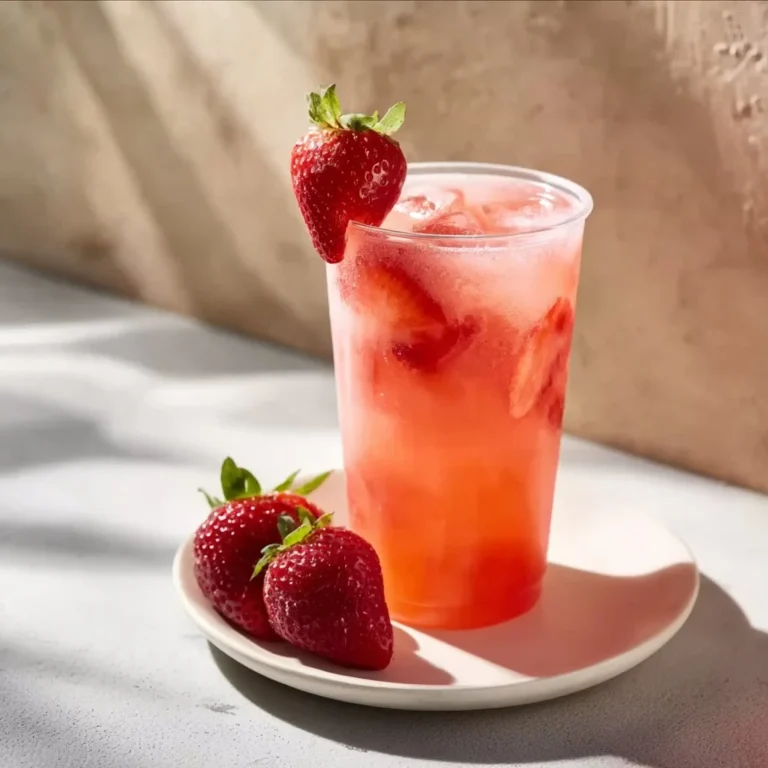 Healthy pink drink strawberry refresher with fresh strawberries and ice