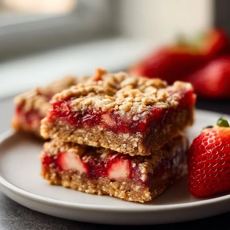 Homemade healthy strawberry oatmeal bars on a wooden plate