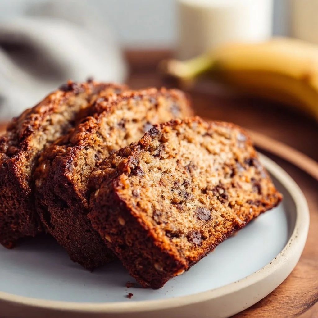 High protein banana bread sliced on a wooden board with bananas