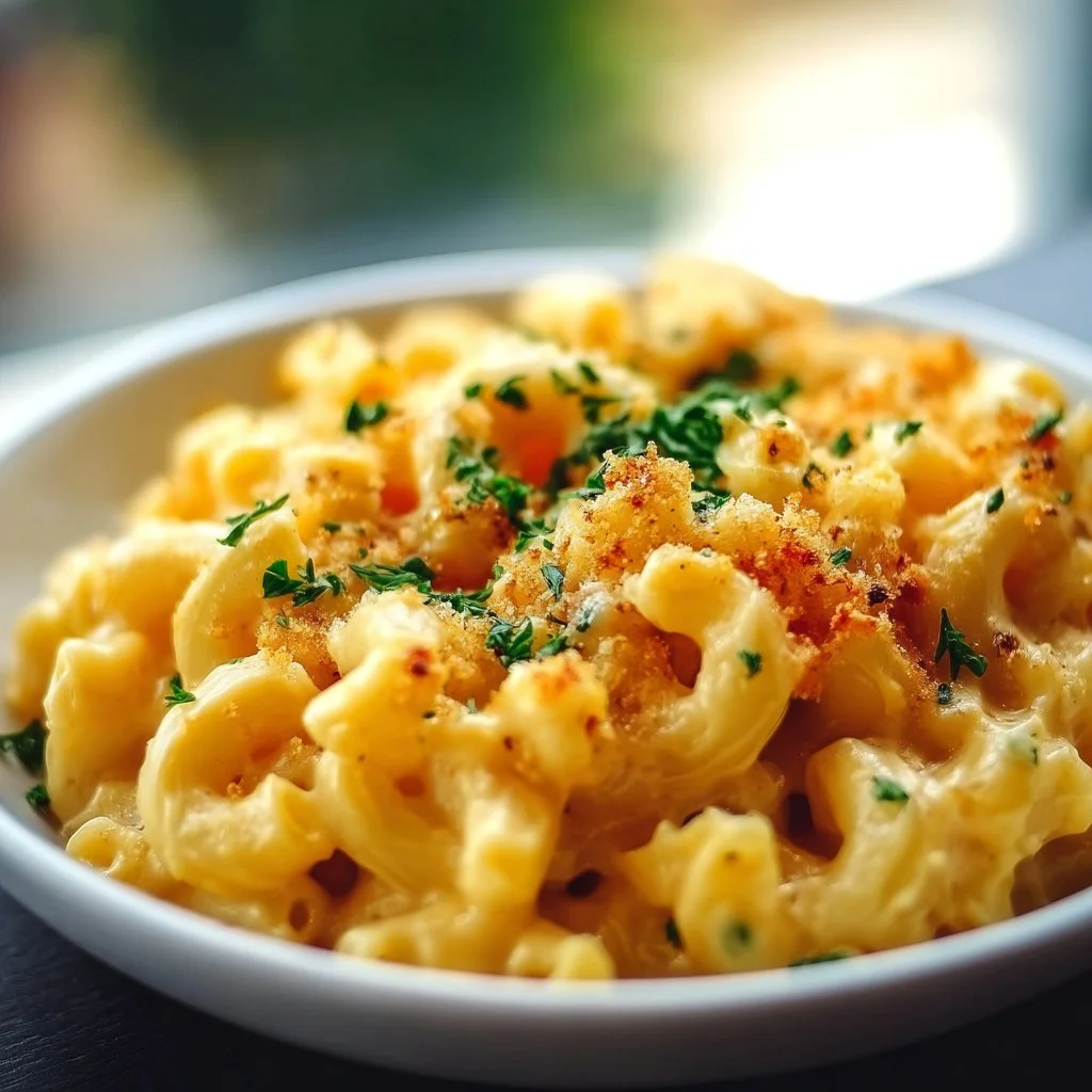 High protein mac and cheese served in a bowl with melted cheese on top.