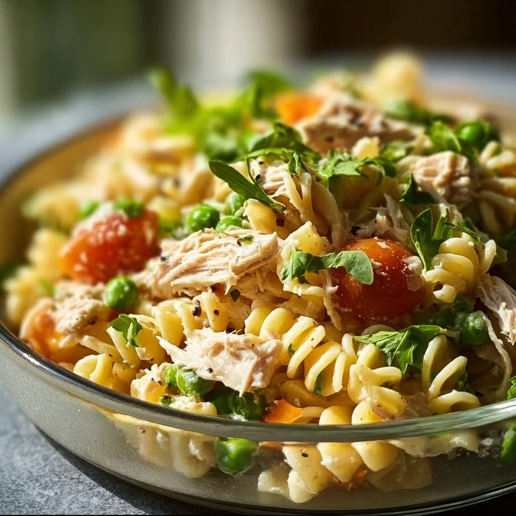 High protein tuna pasta salad with vegetables and dressing