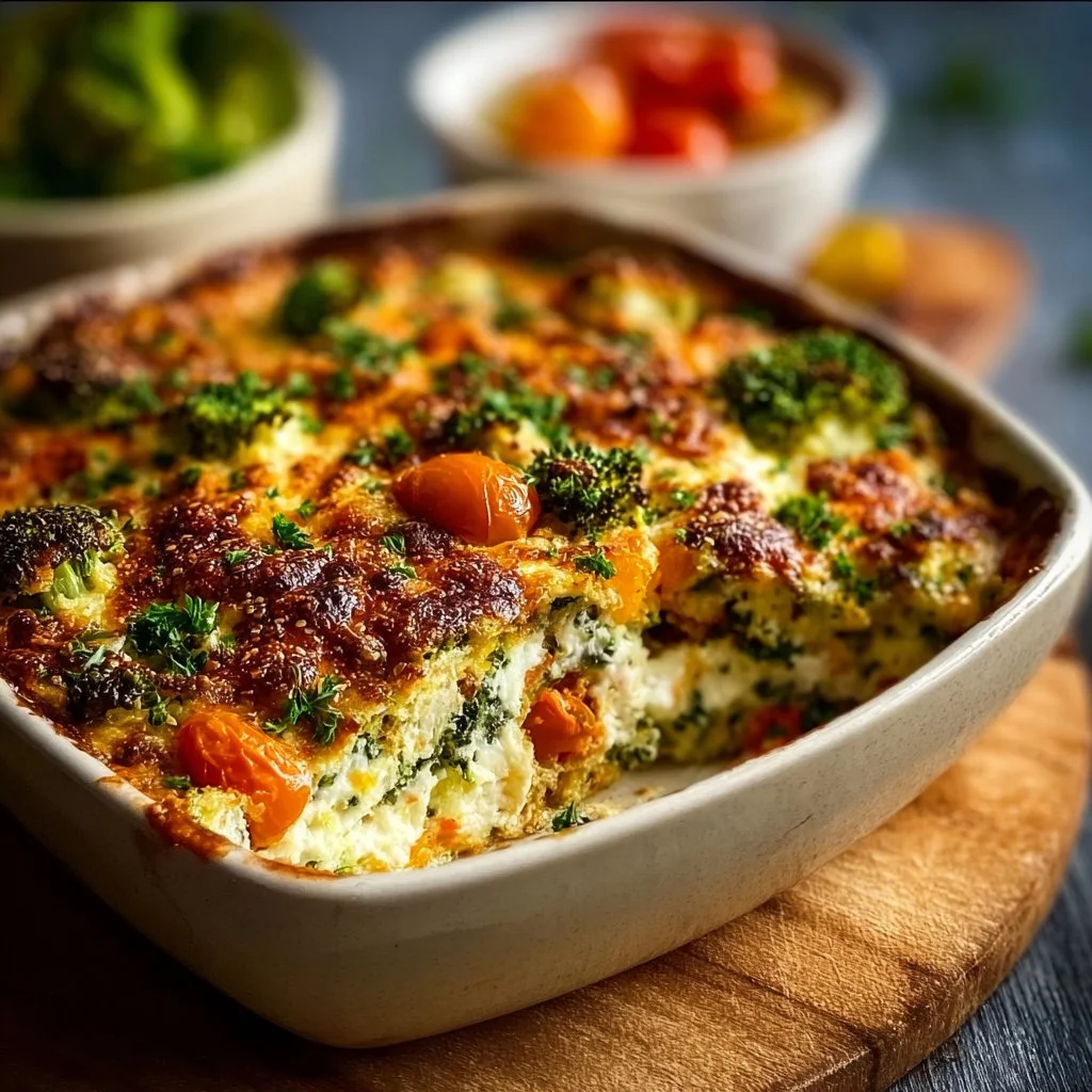 High-protein veggie bake loaded with colorful veggies and protein-rich ingredients