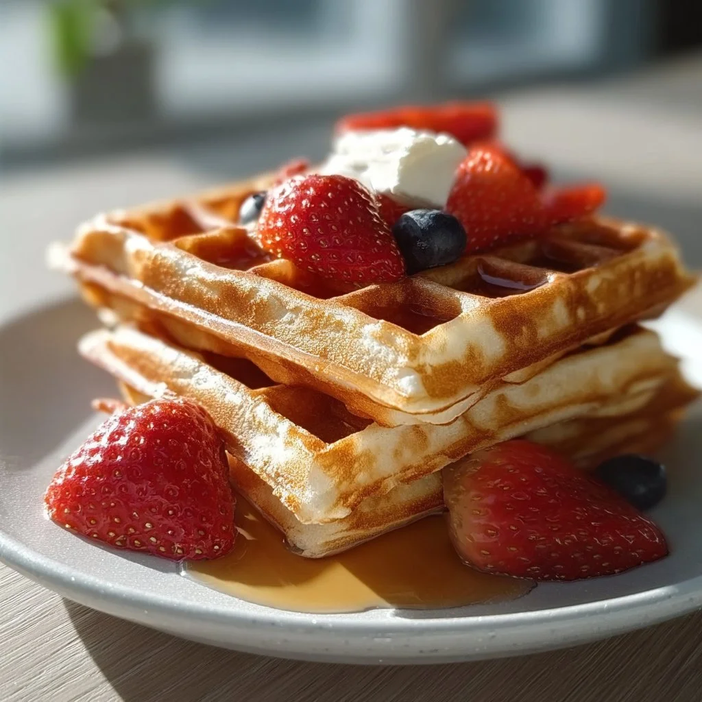 Stack of high protein waffles served with berries and syrup