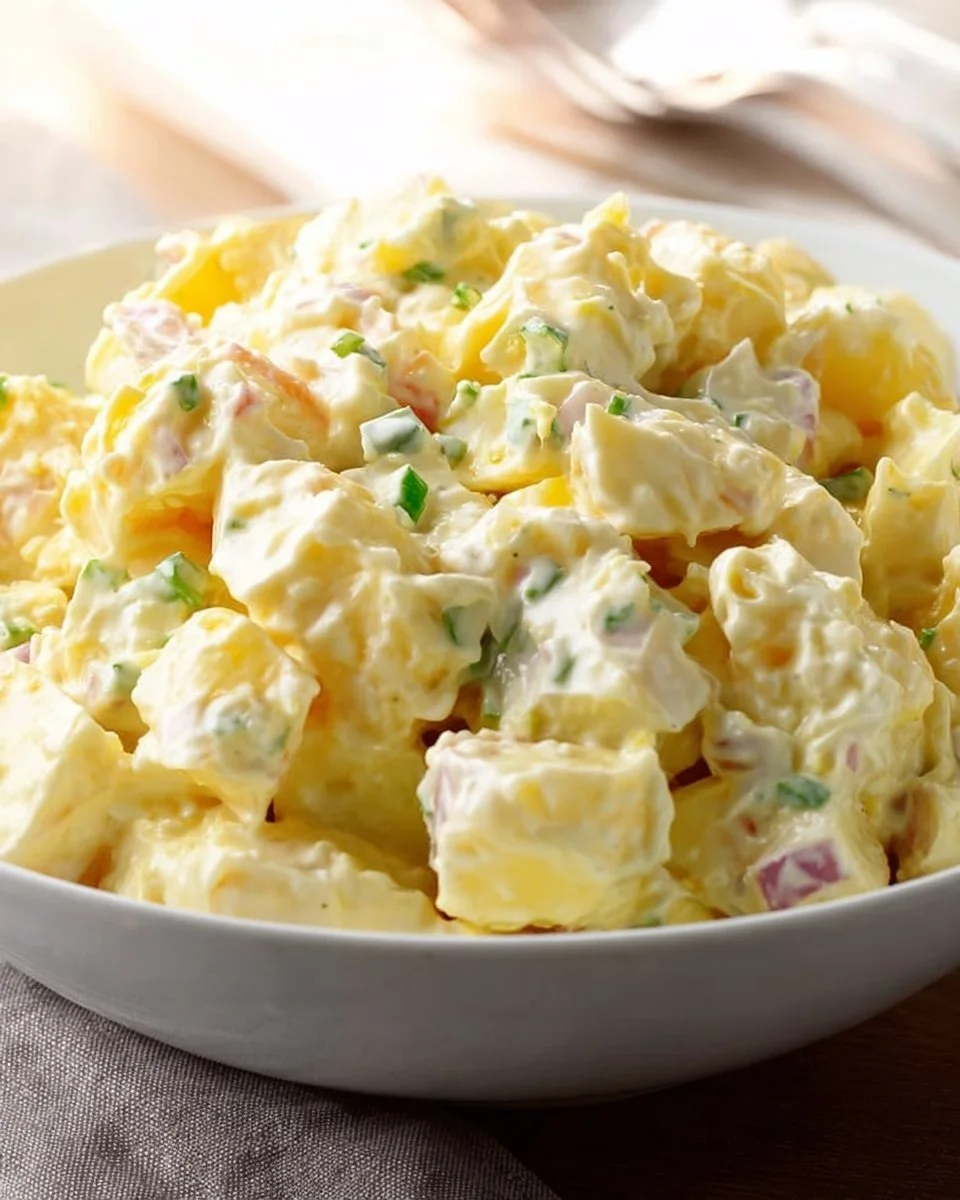 Delicious homemade potato salad served in a bowl with garnishes