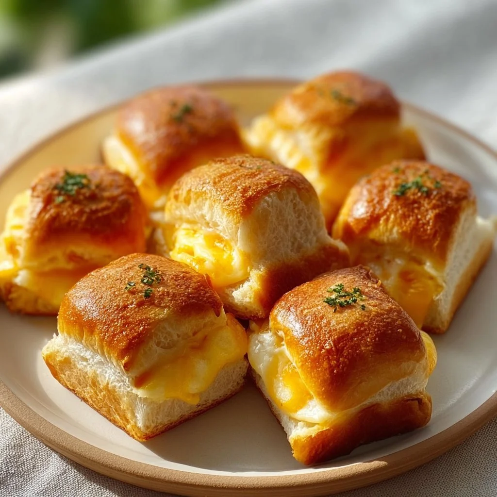Gooey mini grilled cheese sandwiches on Hawaiian rolls stacked on a plate.