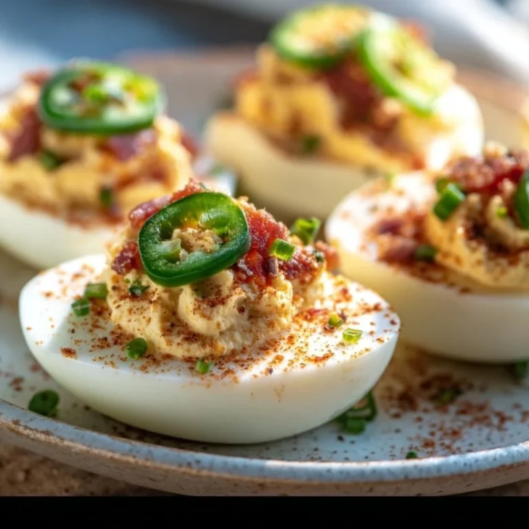 Delicious Jalapeño Popper Deviled Eggs garnished with chopped jalapeños and bacon.