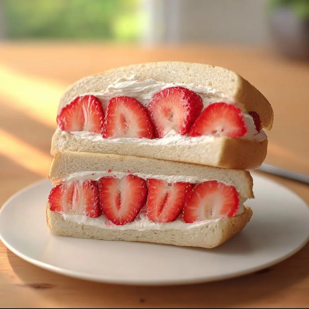 Japanese strawberry sandwich featuring fresh strawberries and cream filling