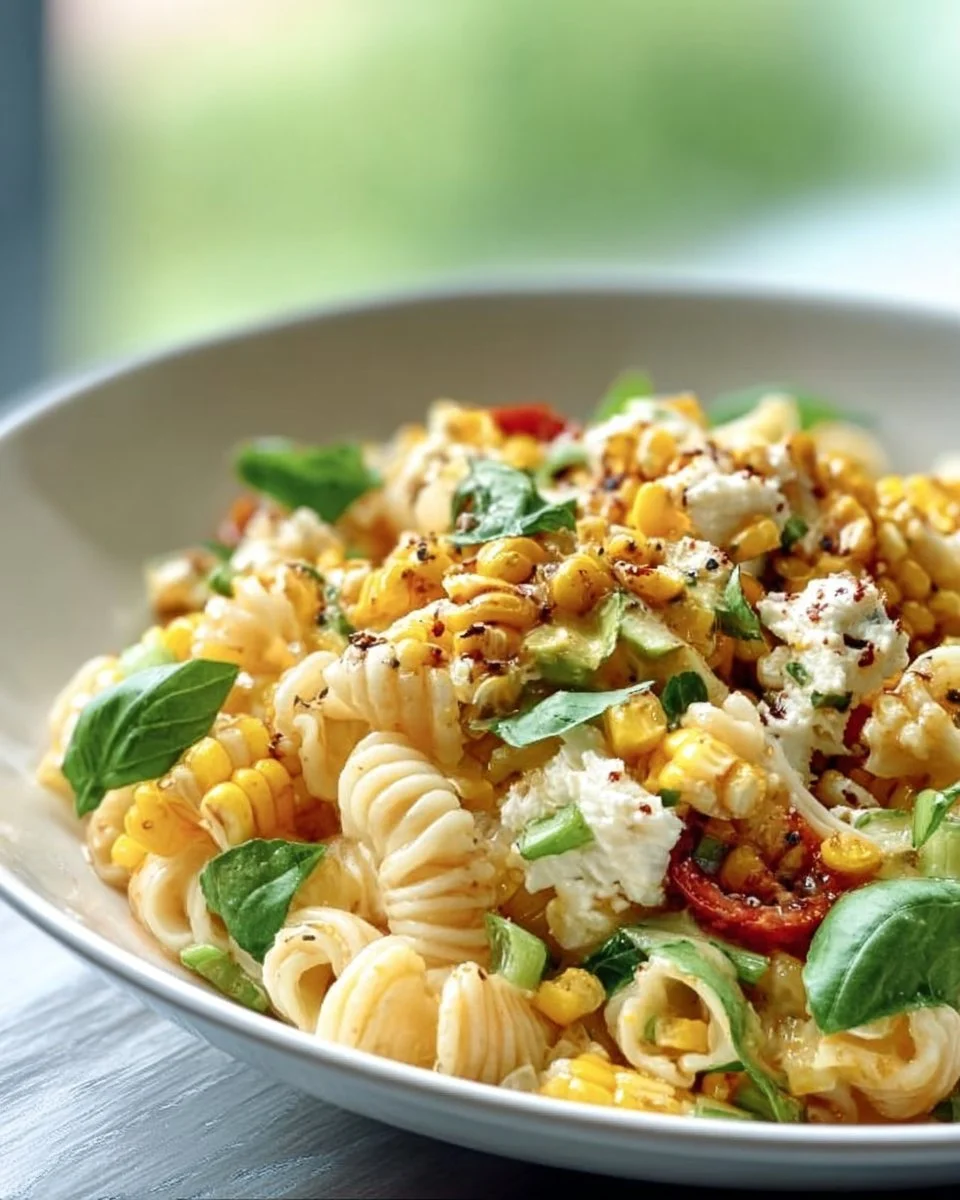 Juicy Street Corn Pasta Salad with colorful ingredients and fresh herbs