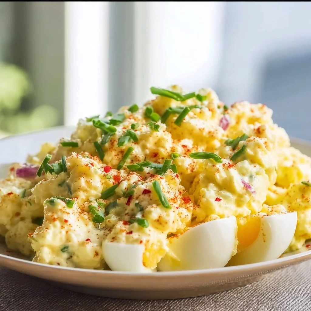 Keto Deviled Egg Salad in a bowl garnished with herbs