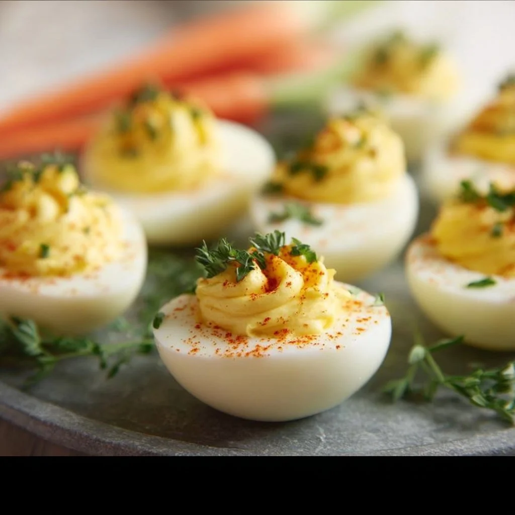 Delicious keto deviled eggs garnished with paprika on a plate