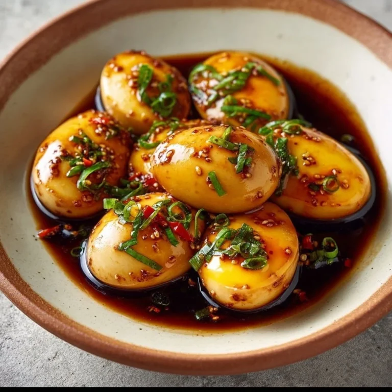 Plate of Korean soy marinated eggs garnished with green onions.
