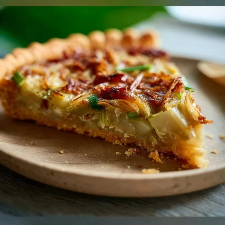 Freshly baked leek tart showcasing vibrant green leeks in a flaky crust.