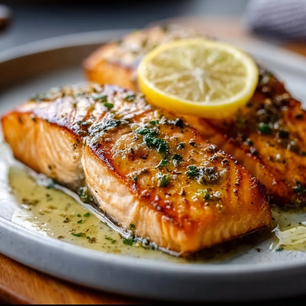 Lemon Garlic Butter Salmon fillet garnished with fresh herbs
