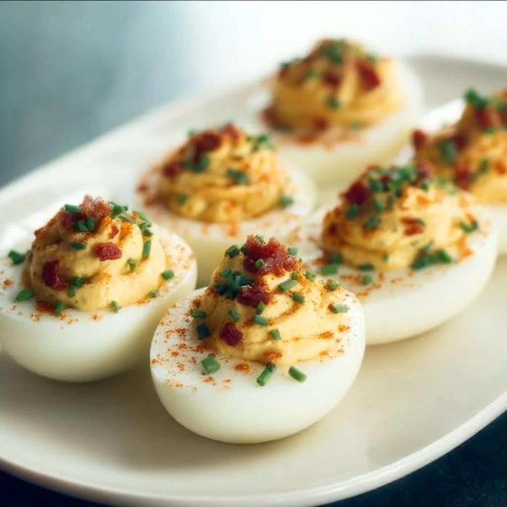 Delicious loaded deviled eggs topped with flavorful ingredients.