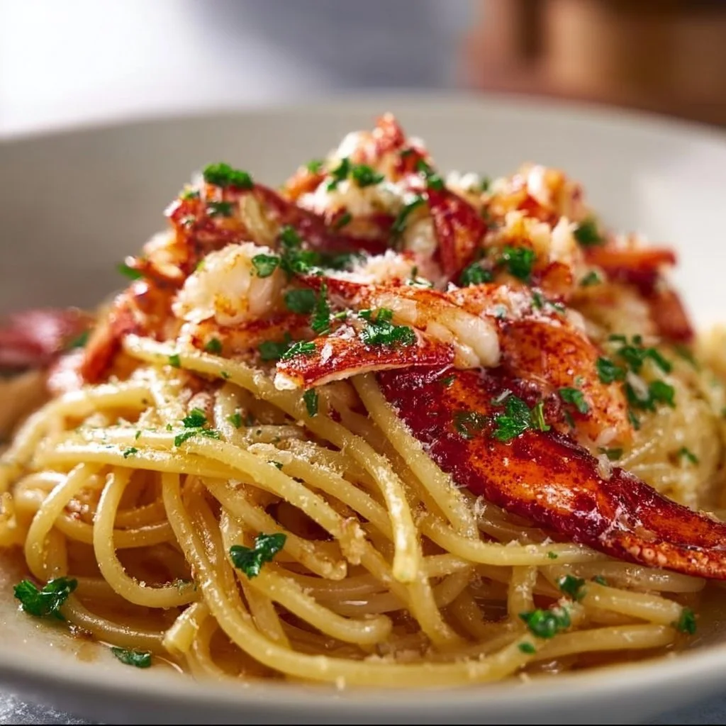 Delicious Lobster Bucatini served with a rich sauce and fresh herbs