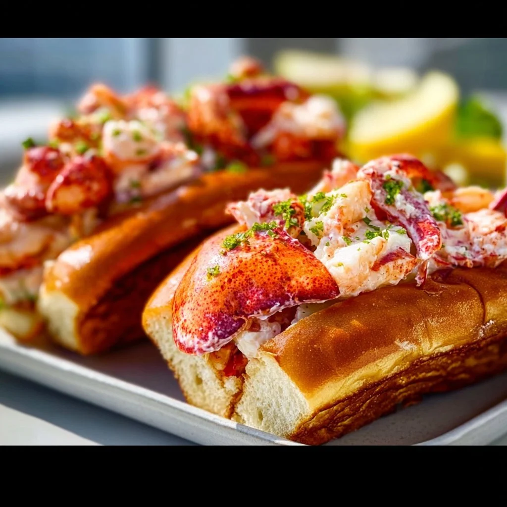 Delicious lobster rolls with fresh lobster meat and sauces served on a bun.