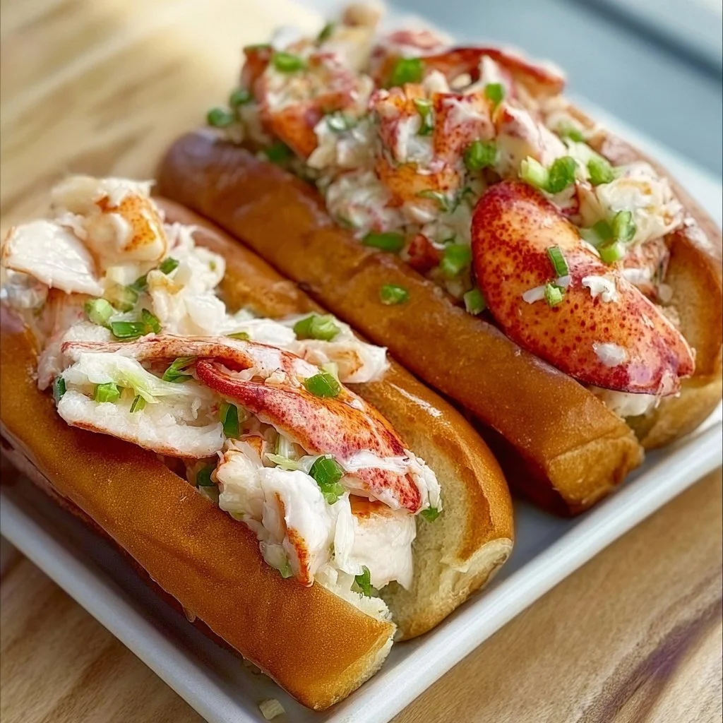 Two delicious lobster rolls presented elegantly on a plate with garnishes
