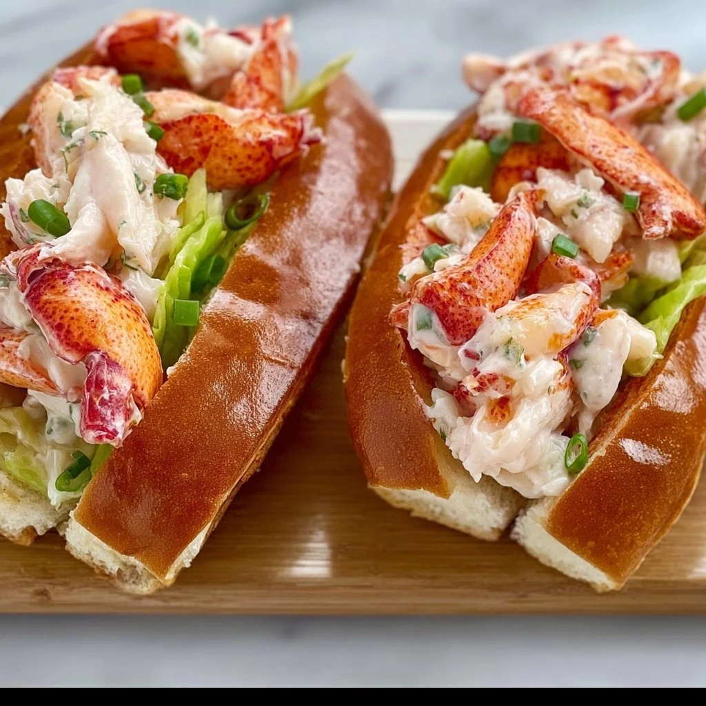 Two delicious lobster rolls served with fresh ingredients and flavorful toppings.