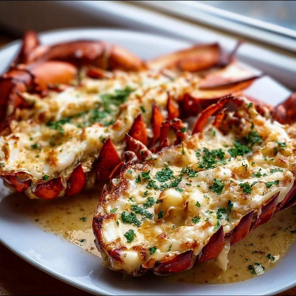 Delicious Lobster Thermidor served with creamy sauce and garnish