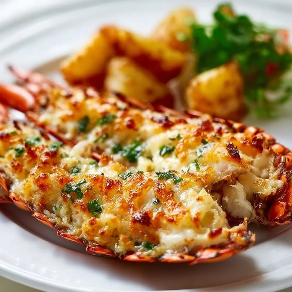 Plate of delicious Lobster Thermidor with creamy sauce and herbs