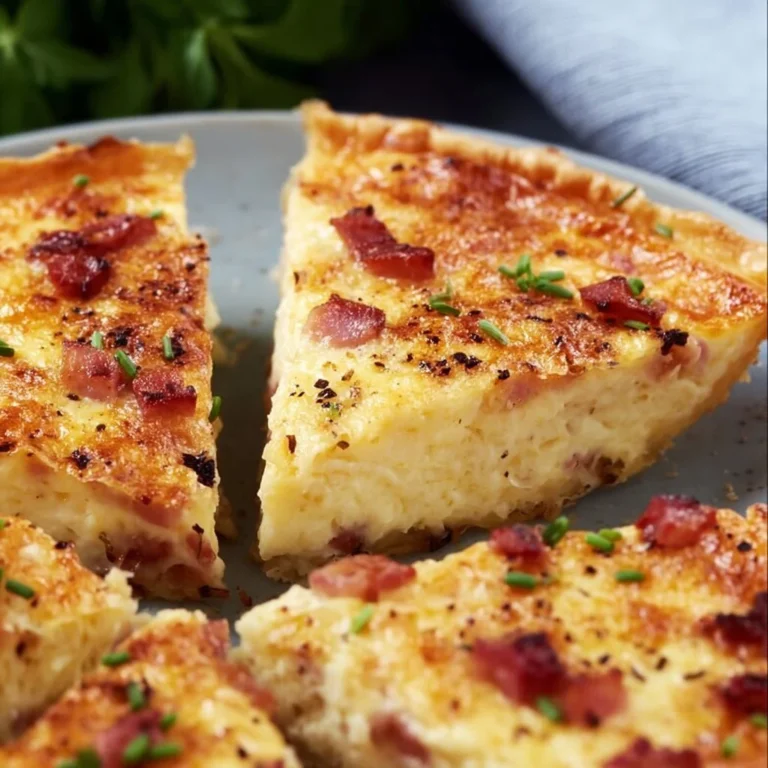 Delicious Lorraine Quiche with bacon and cheese served on a plate