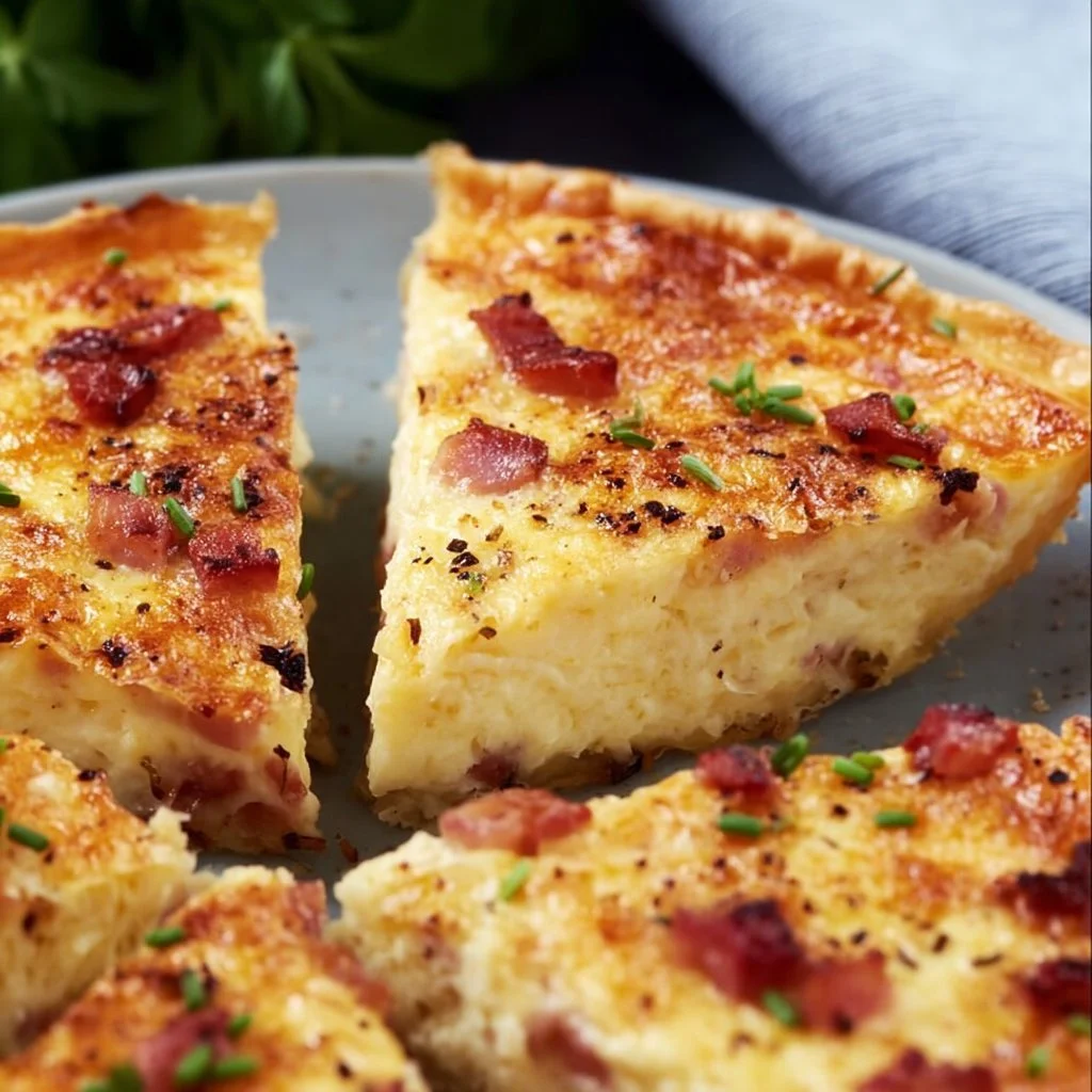 Delicious Lorraine Quiche with bacon and cheese served on a plate