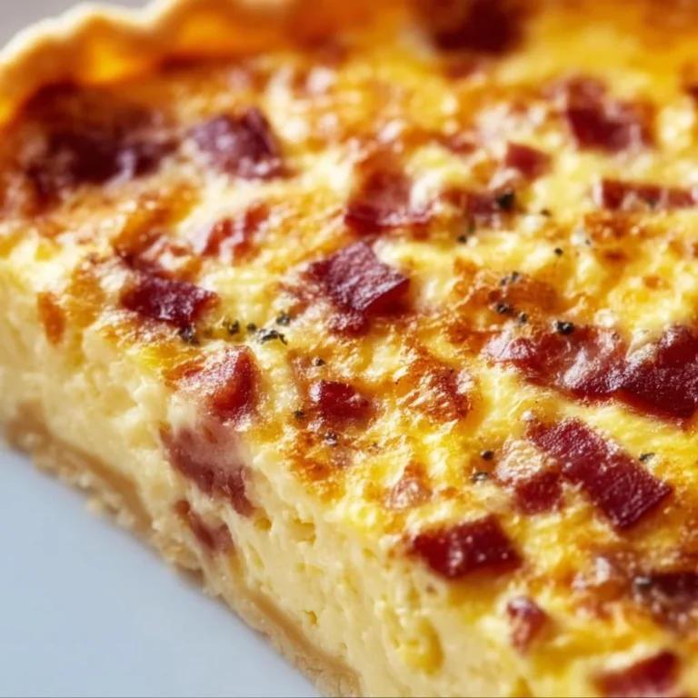 Delicious Lorraine Quiche with creamy filling and crispy bacon topping.