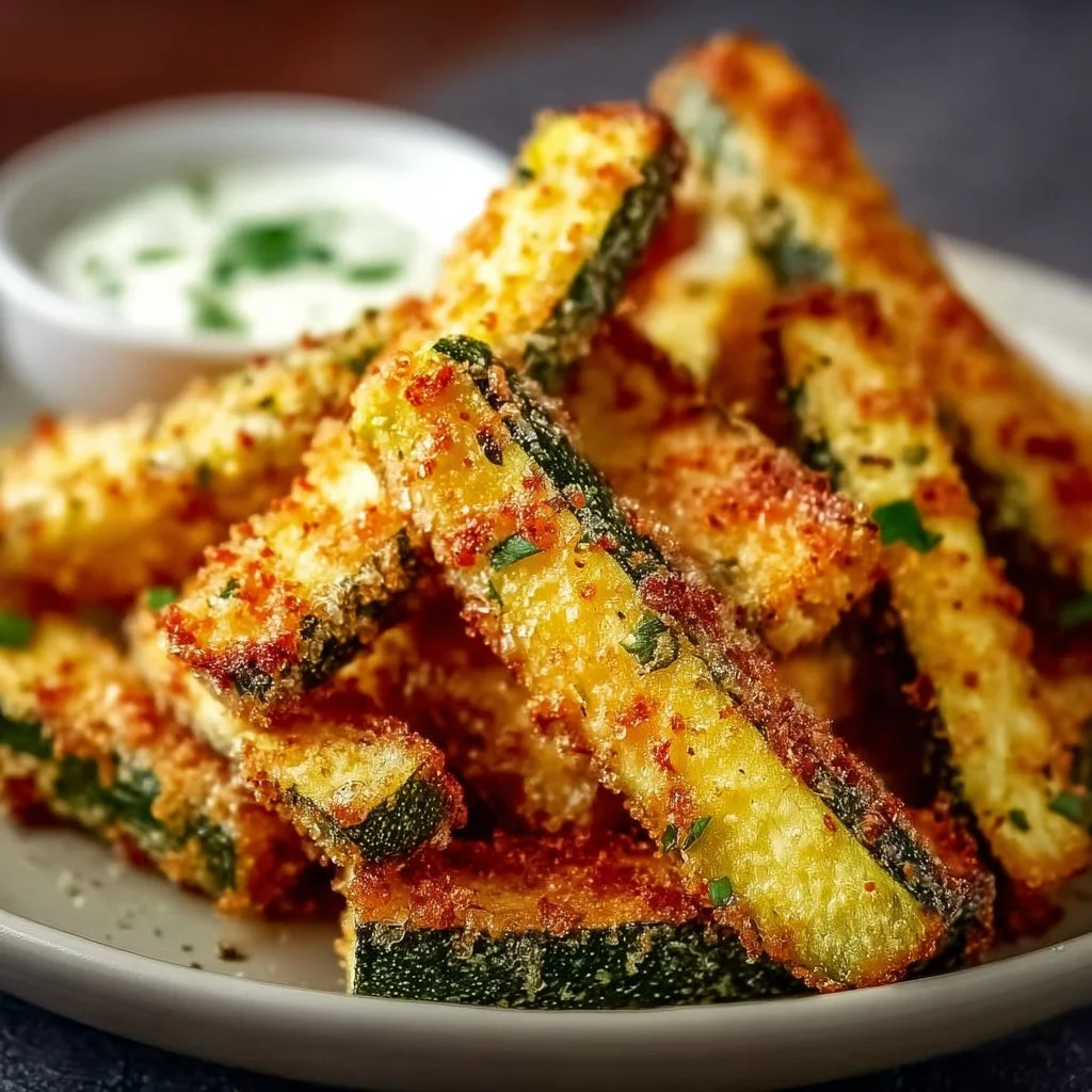 Crispy low calorie air fryer zucchini fries served with dipping sauce.