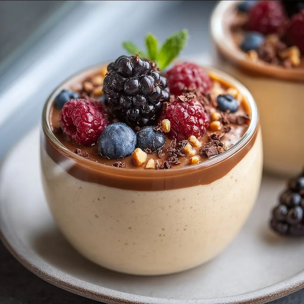 Low carb protein pudding in a bowl topped with berries