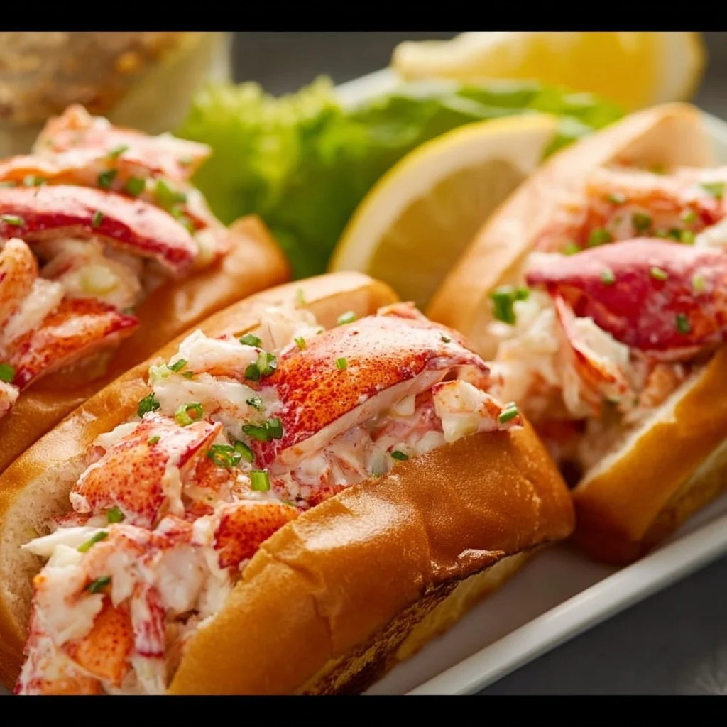 Delicious Maine lobster rolls served with fresh ingredients and lemon.