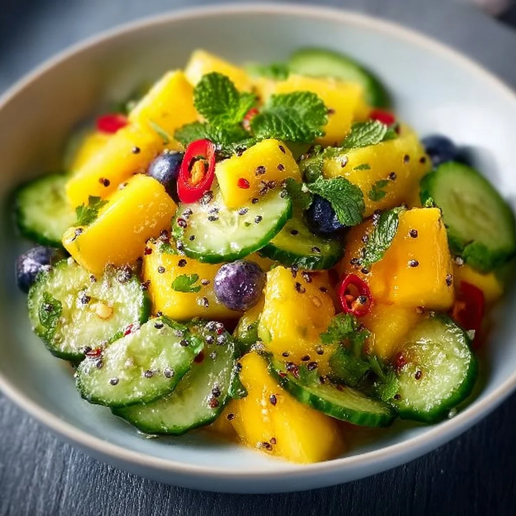 Delicious Mango Cucumber Salad served in a bowl with fresh ingredients.