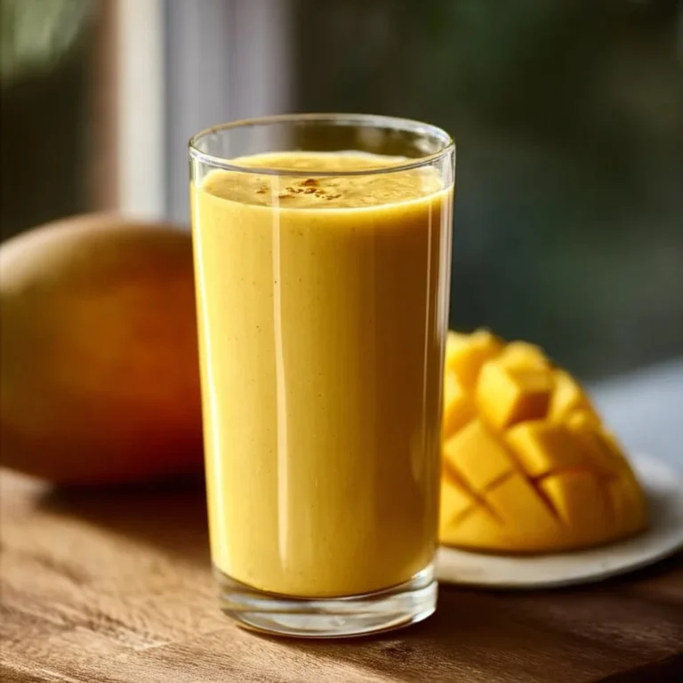 Creamy Mango Lassi drink in a glass with mango slices on the side