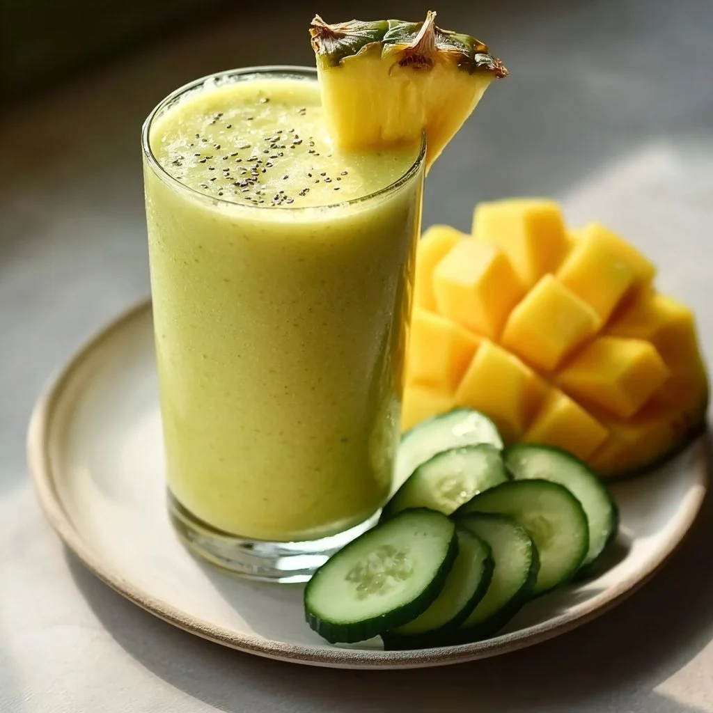 Refreshing Mango Pineapple Cucumber Smoothie in a glass, garnished with mint.