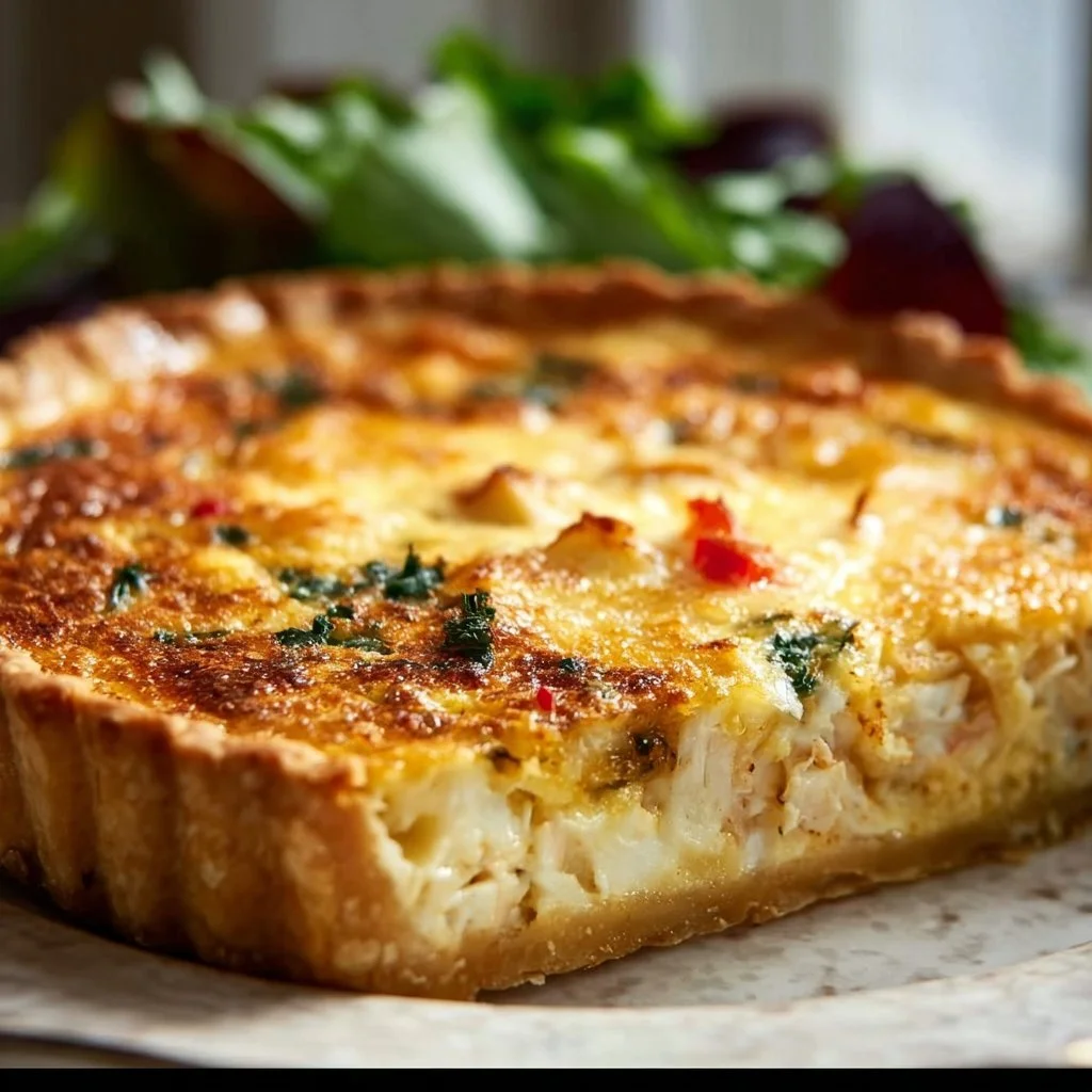 Martha Stewart's delicious crab quiche served on a plated dish