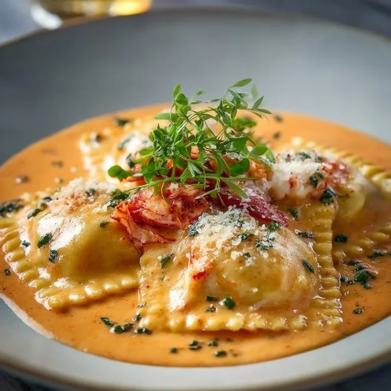 Delicious lobster ravioli topped with vodka cream sauce for a gourmet dinner.